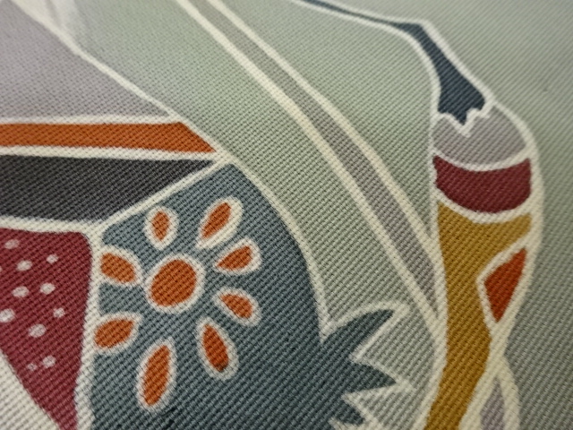  塩瀬よろけ縞に抽象野菜模様名古屋帯